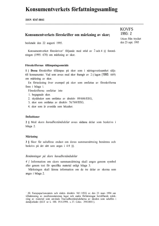 KOVFS 1995:2 Konsumentverkets föreskrifter om märkning av skor (Bild)