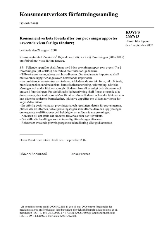 KOVFS 2007:13 Konsumentverkets föreskrifter om provningsrapporter avseende vi... (Bild)