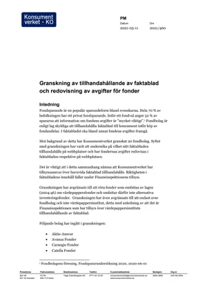 Granskning av tillhandahållande av faktablad och redovisning av avgifter för ... (Bild)