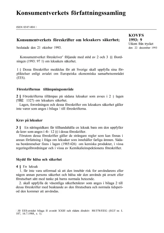 KOVFS 1993:9 Konsumentverkets föreskrifter om leksakers säkerhet  (upphävd) (Bild)