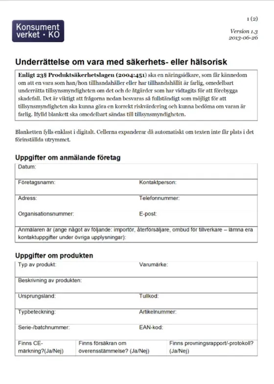 Blankett om underrättelse om farlig vara - för företag (Bild)