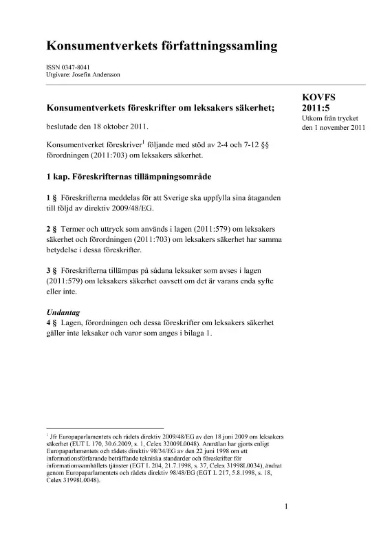 KOVFS 2011:5 Konsumentverkets föreskrifter om leksakers säkerhet (Bild)