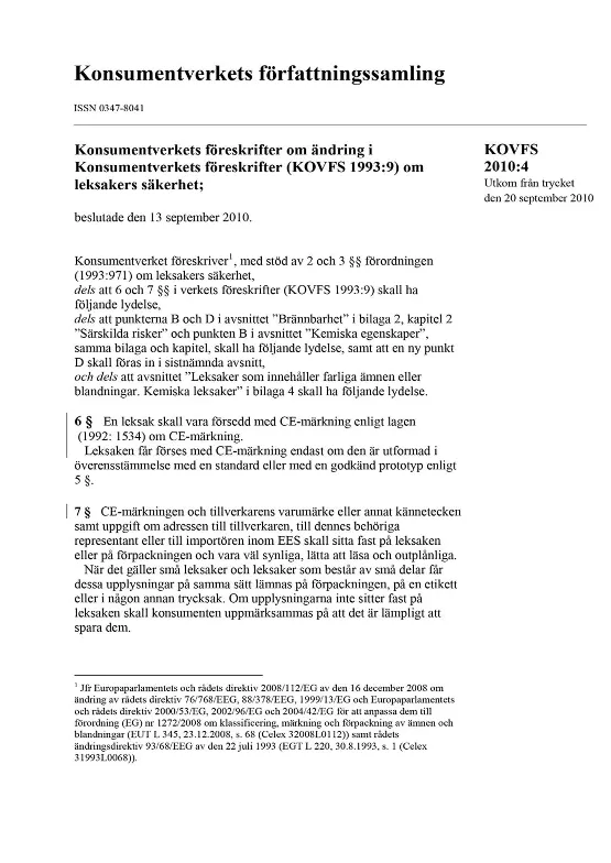 KOVFS 2010:4 Föreskrifter om ändring i Konsumentverkets föreskrifter (KOVFS 1... (Bild)