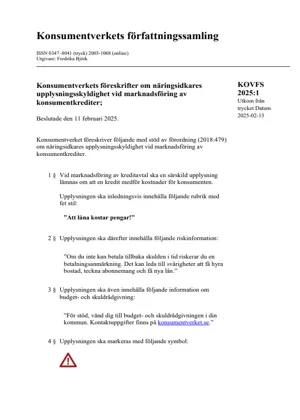 KOVFS 2025:1 Konsumentverkets föreskrifter om näringsidkares upplysningsskyld... (Bild)