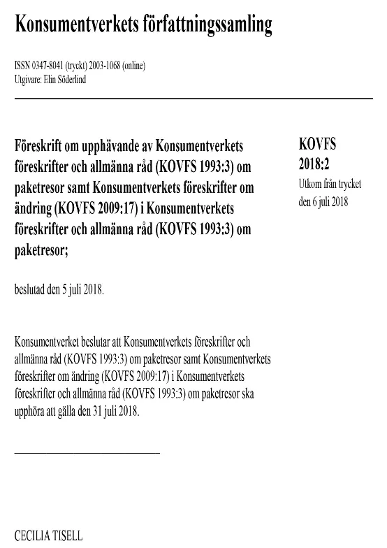 KOVFS 2018:2 Upphävande och ändring om paketresor (Bild)