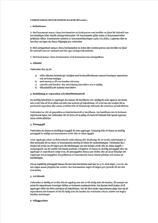 BÖ 2026:1 Verkstadens reparationsvillkor (Bild)