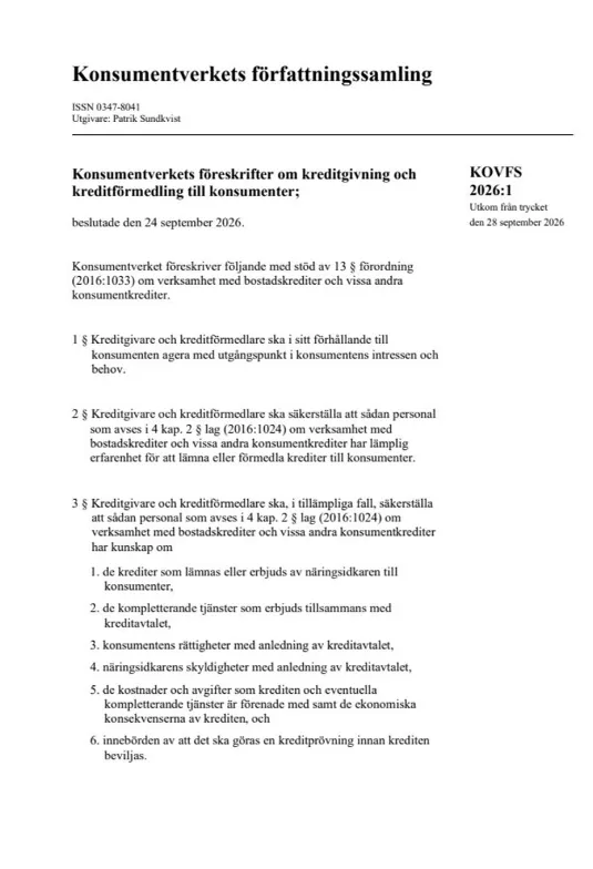 KOVFS 2026:1 Konsumentverkets föreskrifter om kreditgivning och kreditförmedl... (Bild)