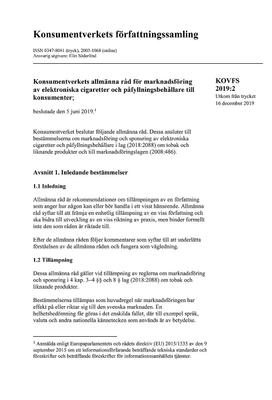 KOVFS 2019:2 Marknadsföring av elektroniska cigaretter och påfyllningsbehålla... (Bild)