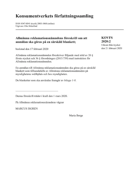 KOVFS 2020:2 ARN:s föreskrift om anmälningar på blanketter (Bild)