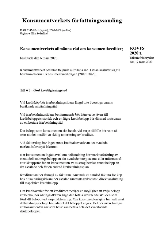 KOVFS 2020:1 Konsumentverkets allmänna råd om konsumentkrediter (Bild)