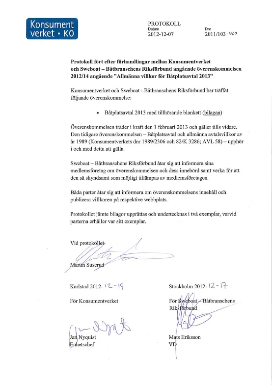 BÖ 2012:14 Allmänna villkor för Båtplatsavtal 2013 (Bild)