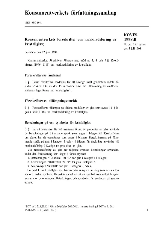 KOVFS 1998:11 Konsumentverkets föreskrifter om marknadsföring av kristallglas (Bild)
