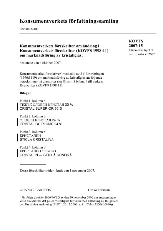 KOVFS 2007:15 Konsumentverkets föreskrifter om ändring i Konsumentverkets för... (Bild)