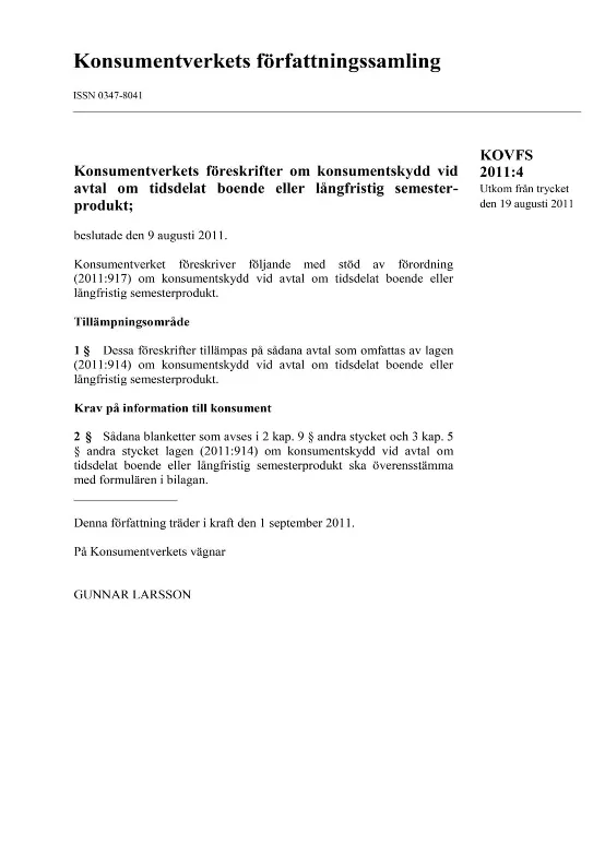 KOVFS 2011:4 Konsumentverkets föreskrifter om konsumentskydd vid avtal om tid... (Bild)