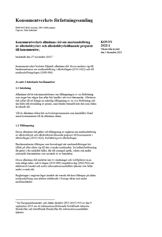 KOVFS 2023:1 Konsumentverkets allmänna råd om marknadsföring av alkoholdrycker  (Bild)